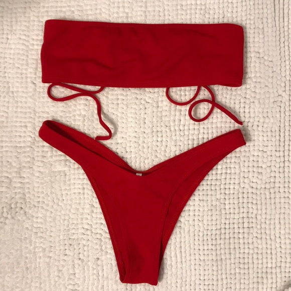 high cut ribbed bandeau bikini set